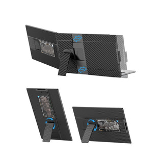 Rear angle of a dual screen portable monitor mounted to a laptop, showing sliding adjustment mechanism and fold-out kickstand for stable setup