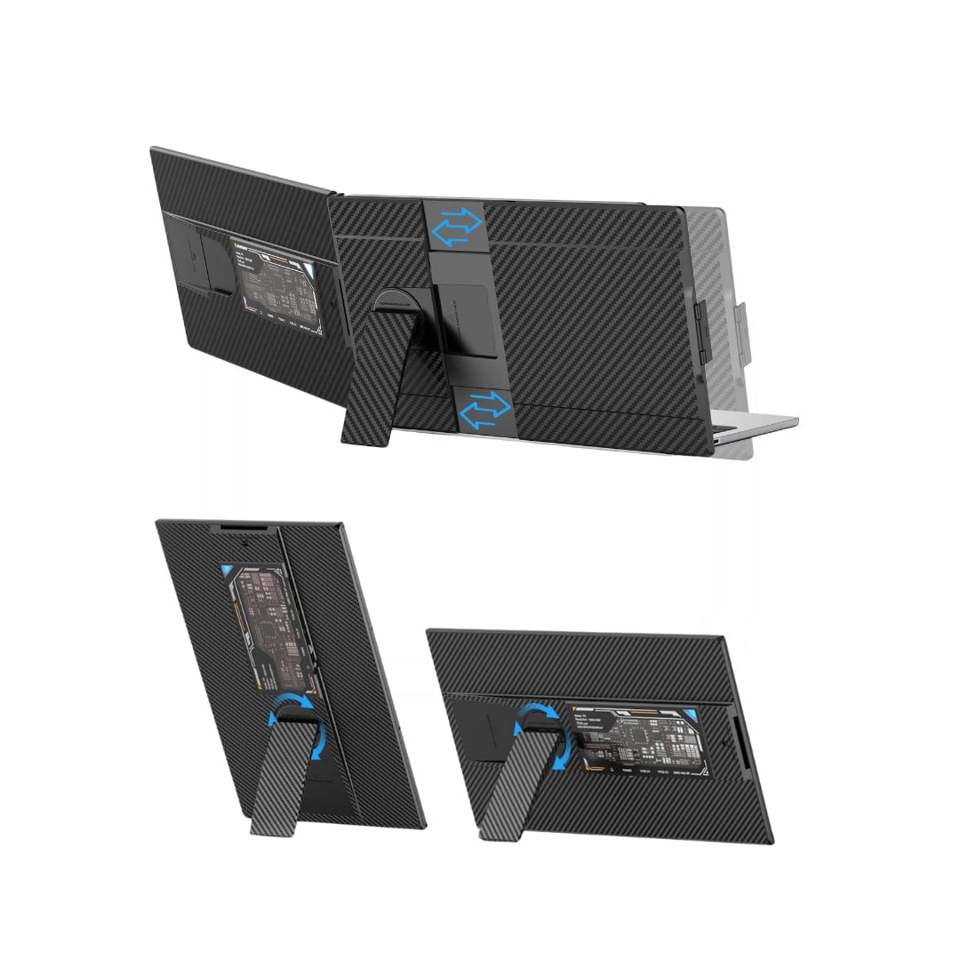 Rear angle of a dual screen portable monitor mounted to a laptop, showing sliding adjustment mechanism and fold-out kickstand for stable setup