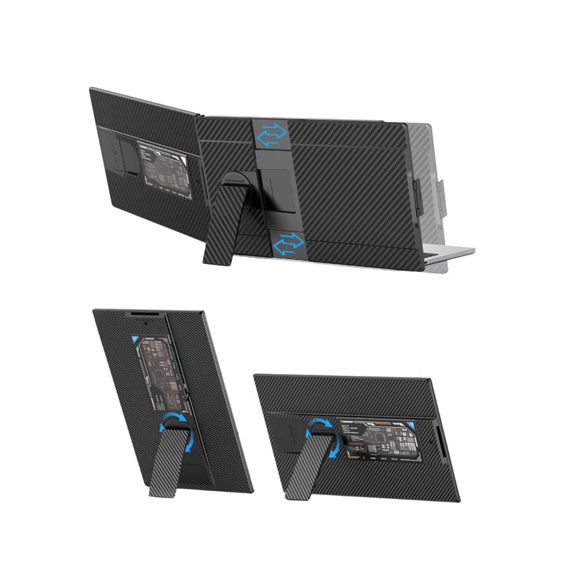 Rear angle of a dual screen portable monitor mounted to a laptop, showing sliding adjustment mechanism and fold-out kickstand for stable setup