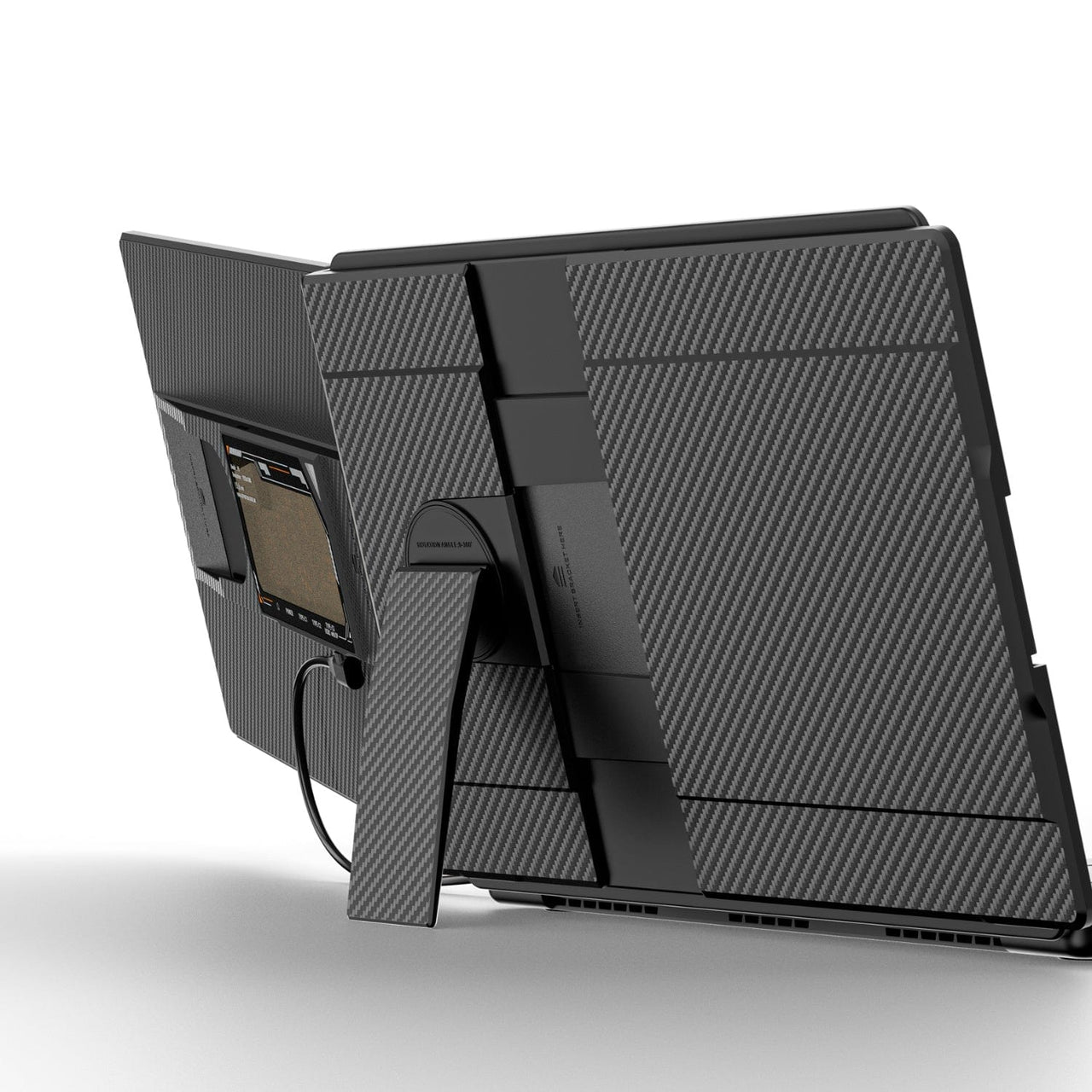 Back view of a 15.6-inch dual screen portable monitor with carbon-fiber textured panels and adjustable support stand for laptop attachment