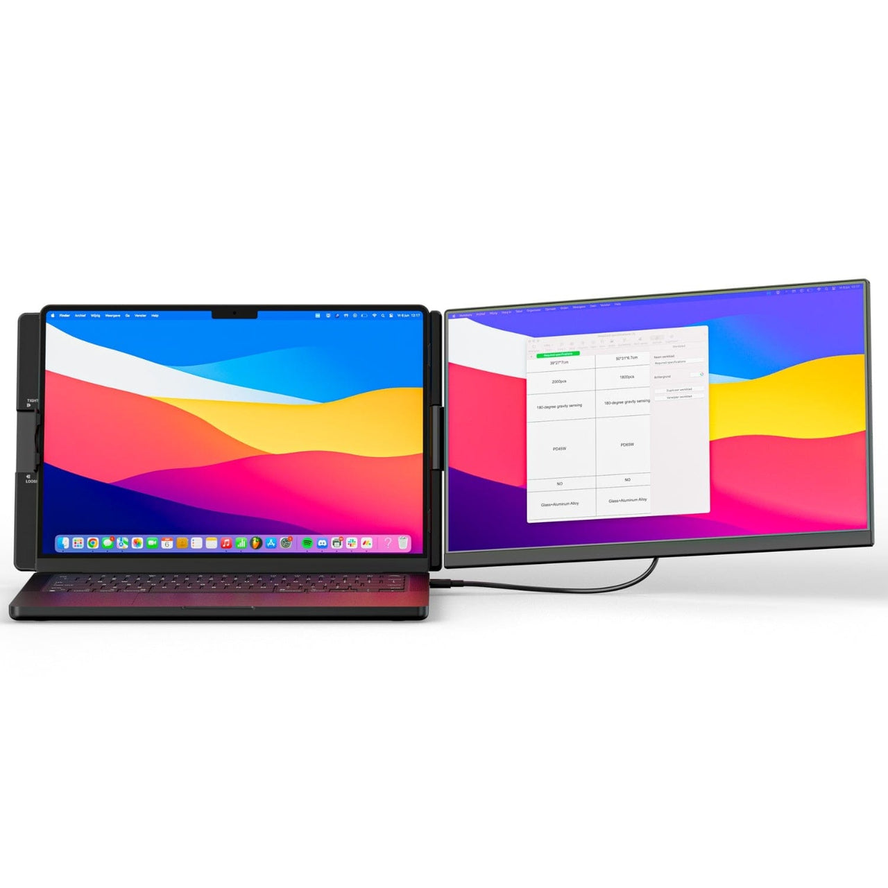 Front view of a 15.6-inch portable monitor dual screen setup connected to a laptop, displaying extended desktop across two full HD screens
