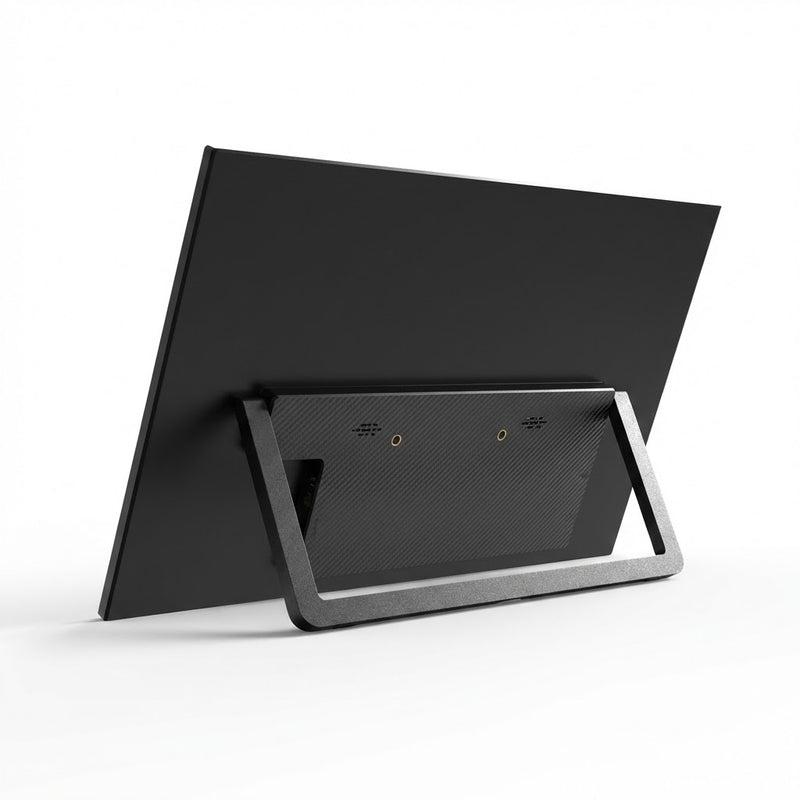 Rear view of 15.6-inch portable monitor with built-in adjustable stand and textured back panel for stable desktop placement.