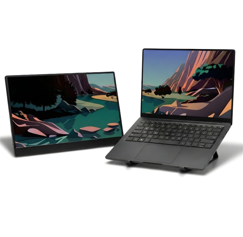 Slim portable monitor placed beside a laptop on a light background, both displaying matching landscape artwork to highlight the clean design and seamless second-screen setup.