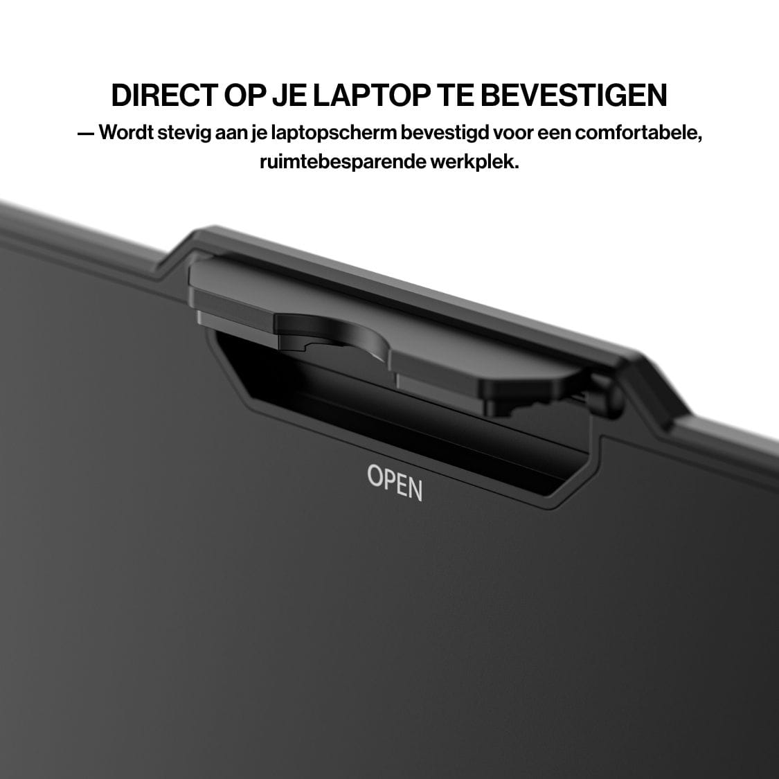 Portable monitor attachment mechanism close-up, showing how the screen securely clips to the back of a laptop for a compact workspace.