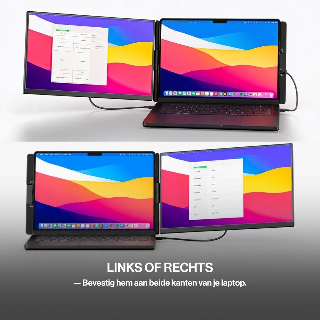Portable monitor shown attached on either the left or right side of a laptop, demonstrating flexible screen positioning for different work setups.