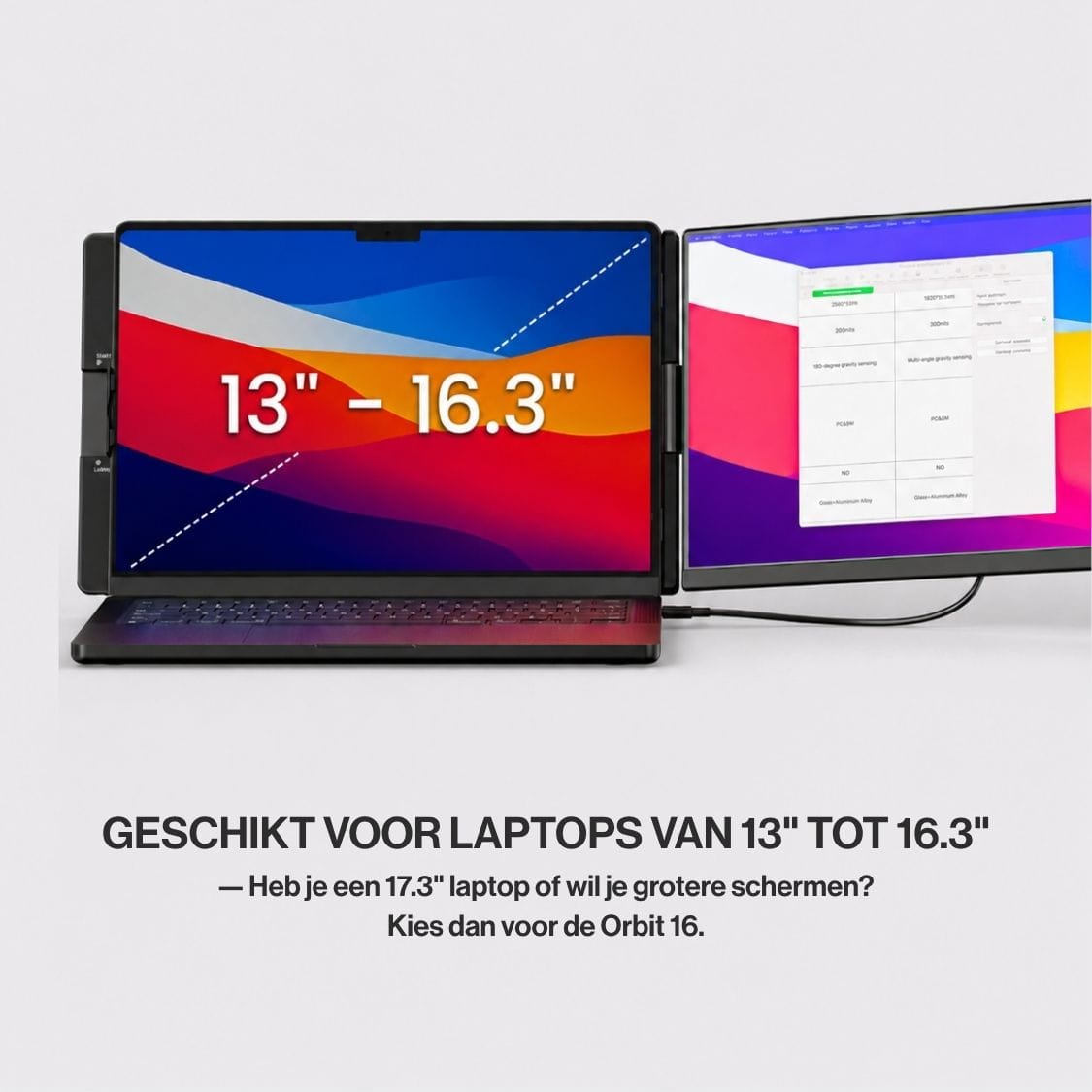 Portable monitor mounted beside a laptop, showing compatibility with laptop screen sizes from 13 to 16.3 inches.