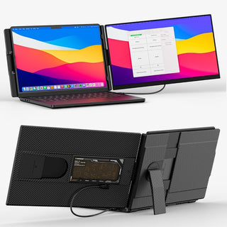 Portable monitor shown from front and rear, with an extended side screen, connecting cable and built-in support stand.