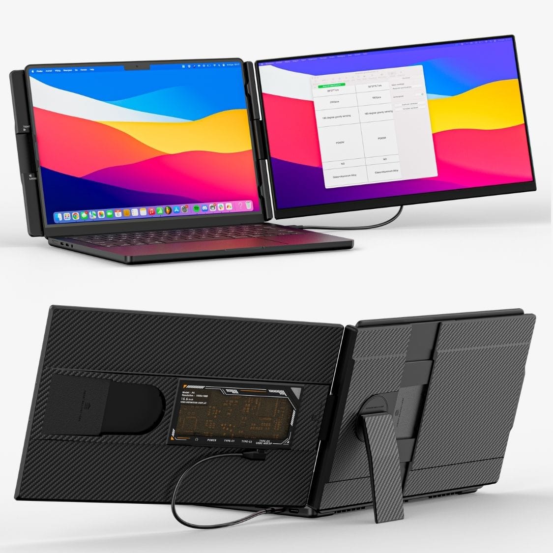 Portable monitor shown from front and rear, with an extended side screen, connecting cable and built-in support stand.