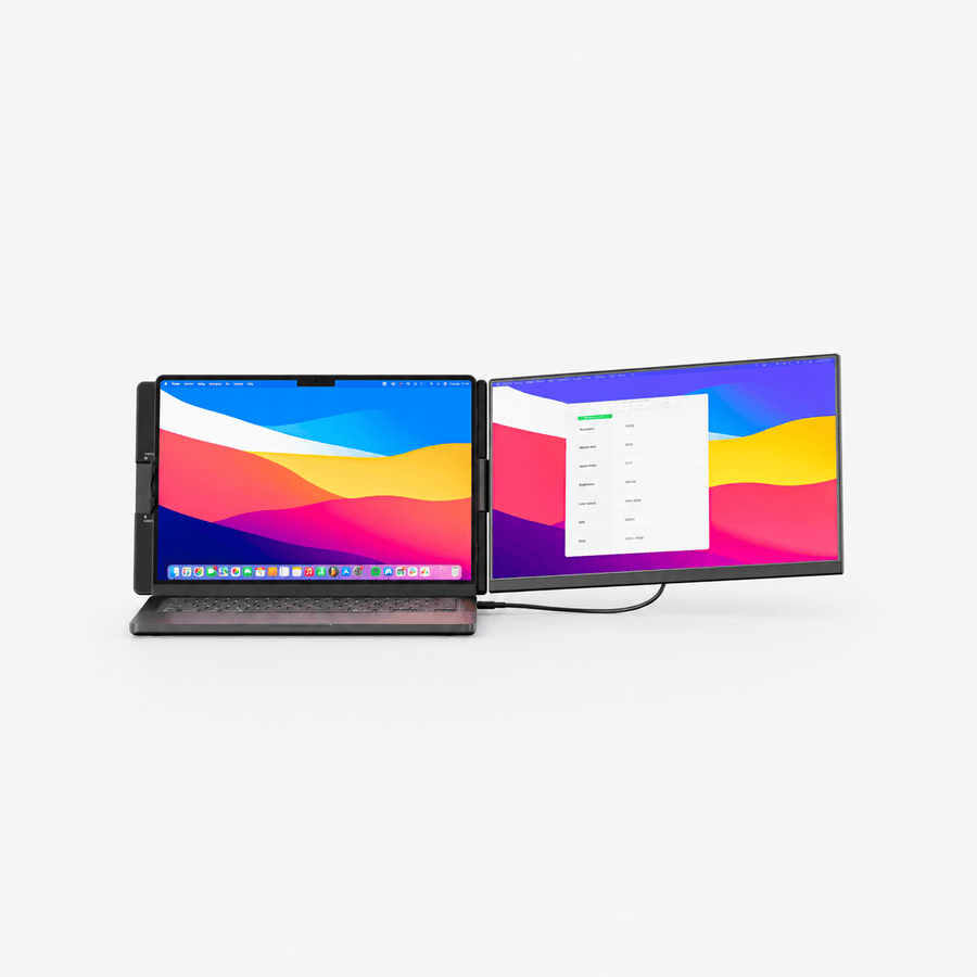 Portable monitor connected to the side of a laptop, creating a two-screen workspace with an extended desktop for multitasking.