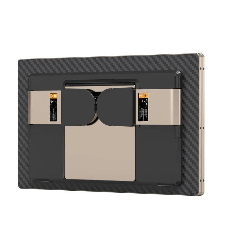 Back view of a 15.6-inch portable monitor triple-screen system with carbon-fiber style panels and adjustable mounting arms designed to attach to a laptop