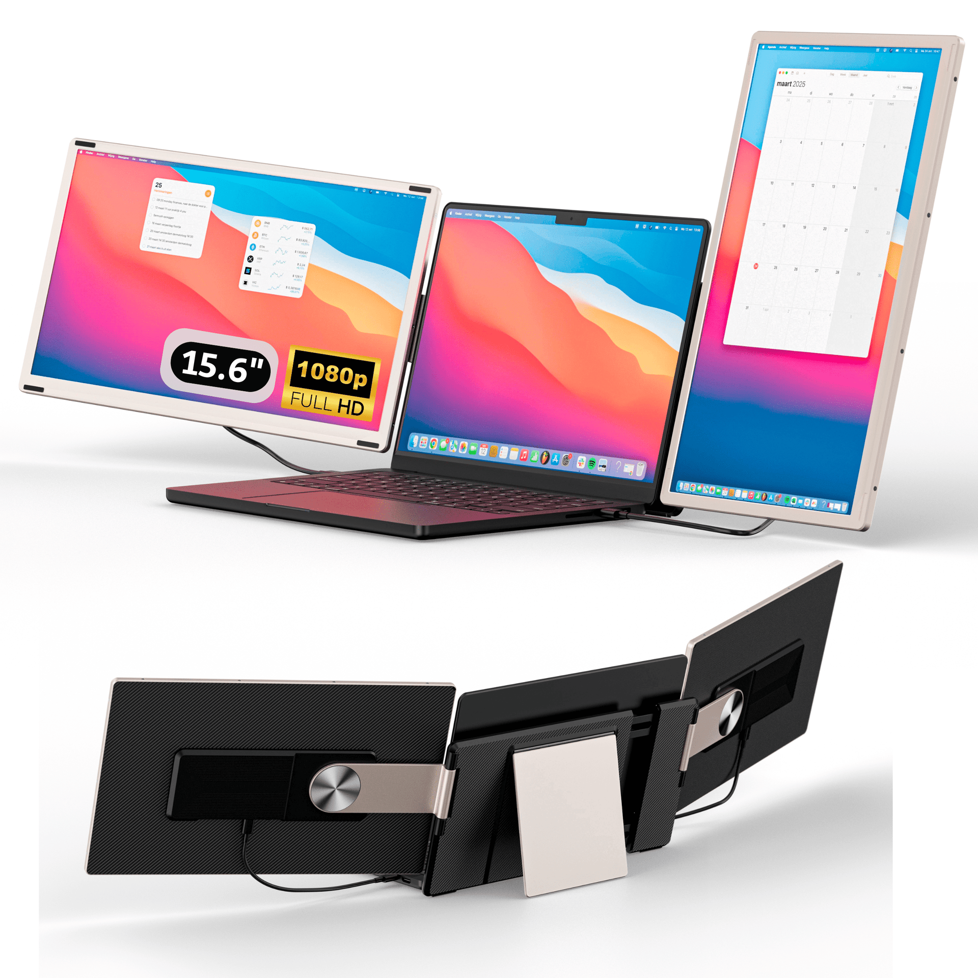 Front and back view of a portable monitor triple-screen setup attached to a laptop, displaying extended desktop screens and rear support structure