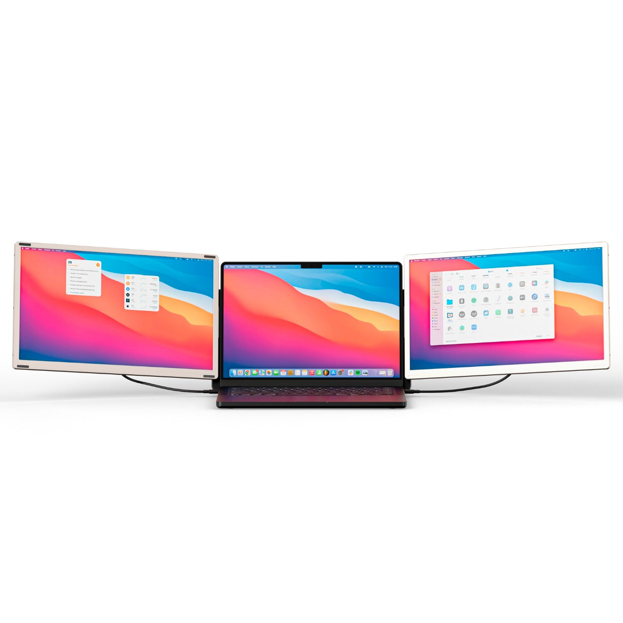 Front view of a portable monitor triple-screen system connected to a laptop, showing three full HD displays for enhanced productivity