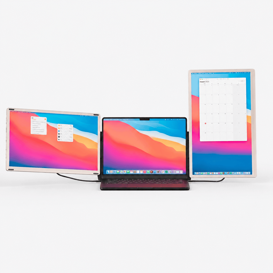 Triple-screen portable monitor connected to a laptop with one horizontal side display and one vertical display for calendars and multitasking.