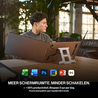 Person using a portable monitor triple-screen setup for multitasking across productivity apps including Excel, Word, Photoshop, Calendar and Gmail.