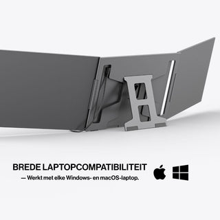 Rear view of a Portable monitor triple-screen setup with built-in stand, designed for use with both Windows and macOS laptops.