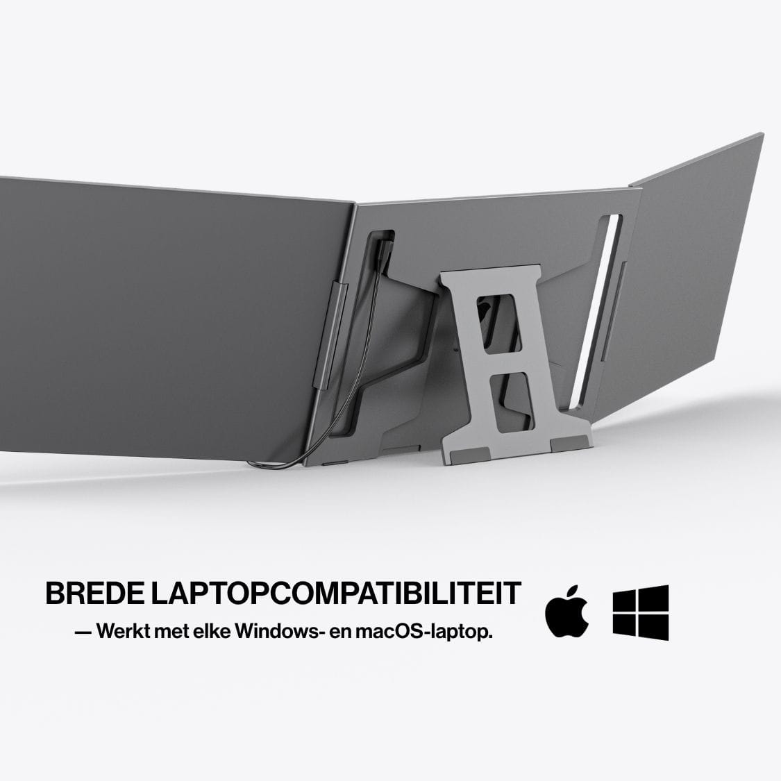 Rear view of a Portable monitor triple-screen setup with built-in stand, designed for use with both Windows and macOS laptops.