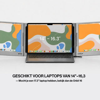 Portable monitor with two side screens attached to a laptop, demonstrating compatibility with laptops from 14 to 16.3 inches.