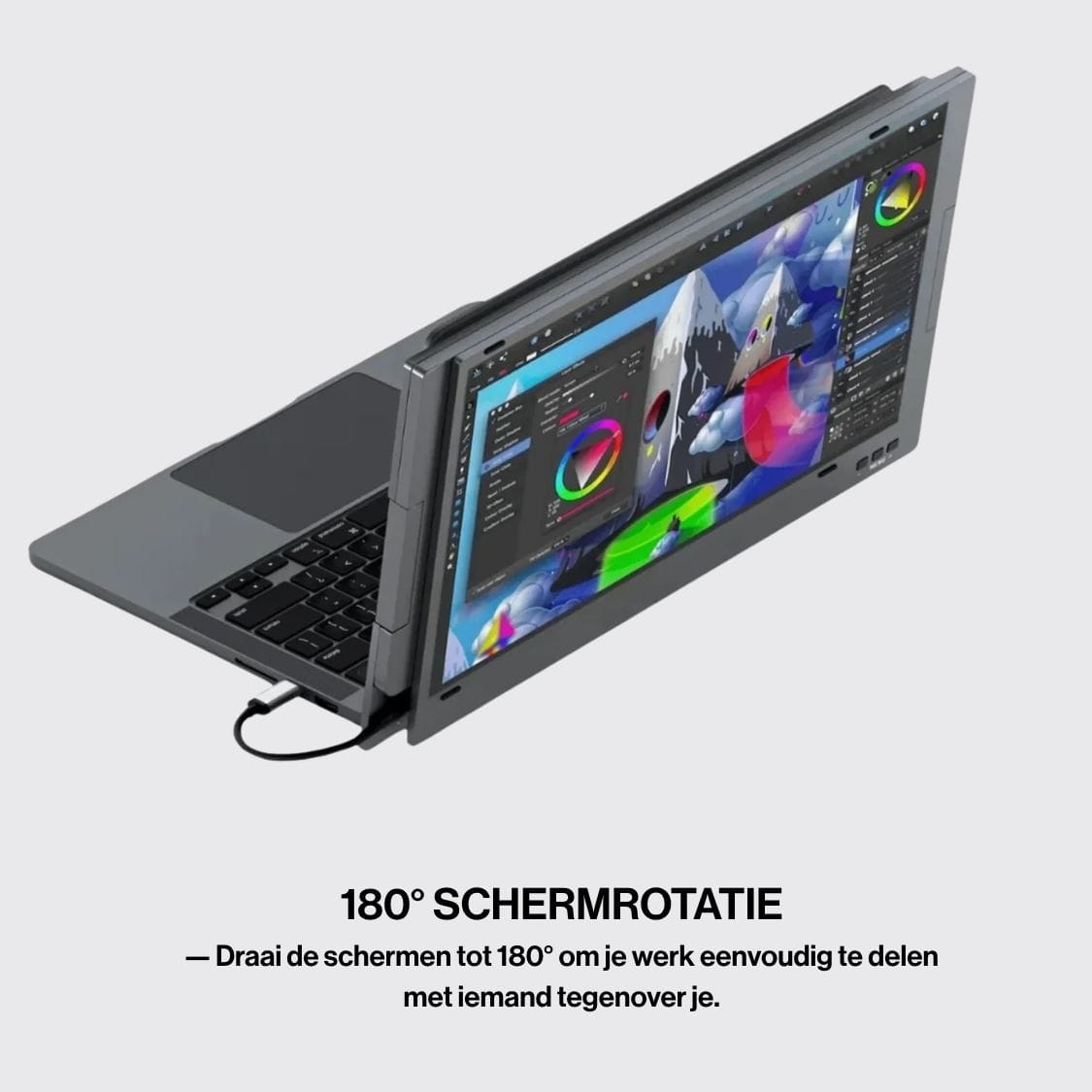 Portable monitor attached to a laptop with one display rotated outward 180 degrees, allowing screen sharing and flexible viewing.