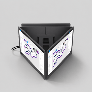 Portable monitor dual-screen extension folded inward around a laptop, creating flexible viewing angles for multitasking and collaboration.