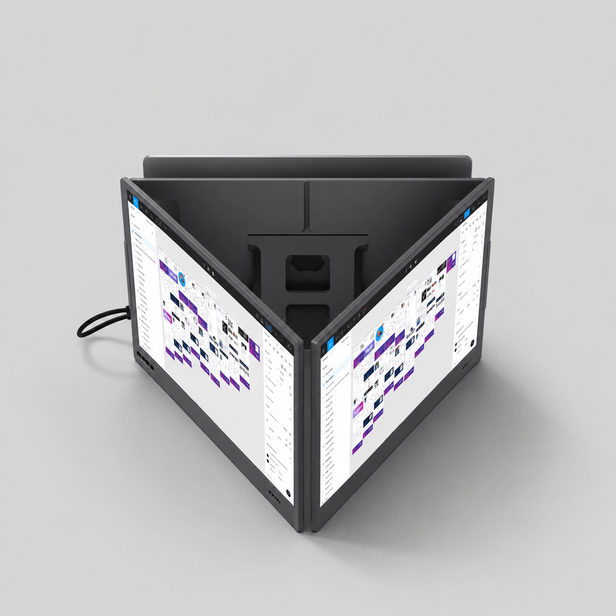 Portable monitor dual-screen extension folded inward around a laptop, creating flexible viewing angles for multitasking and collaboration.