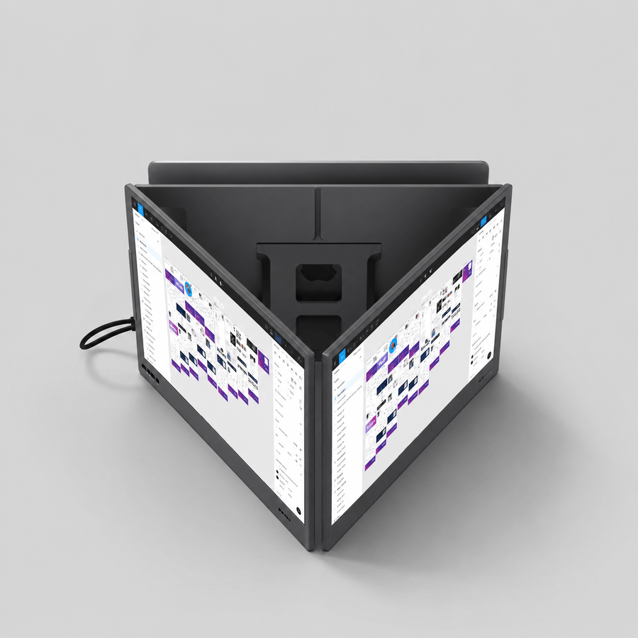 Portable monitor dual-screen extension folded inward around a laptop, creating flexible viewing angles for multitasking and collaboration.