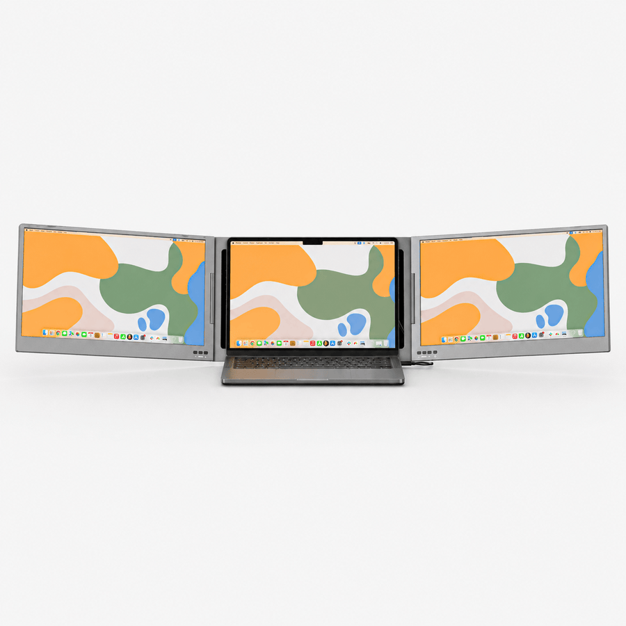 Portable monitor setup with two extended displays positioned on both sides of a laptop for a wide three-screen workspace.