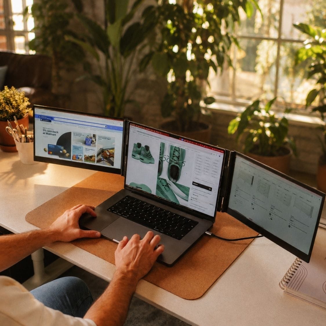 Portable monitor triple-screen setup connected to a laptop, creating a wide three-screen workspace for multitasking in a bright home office.