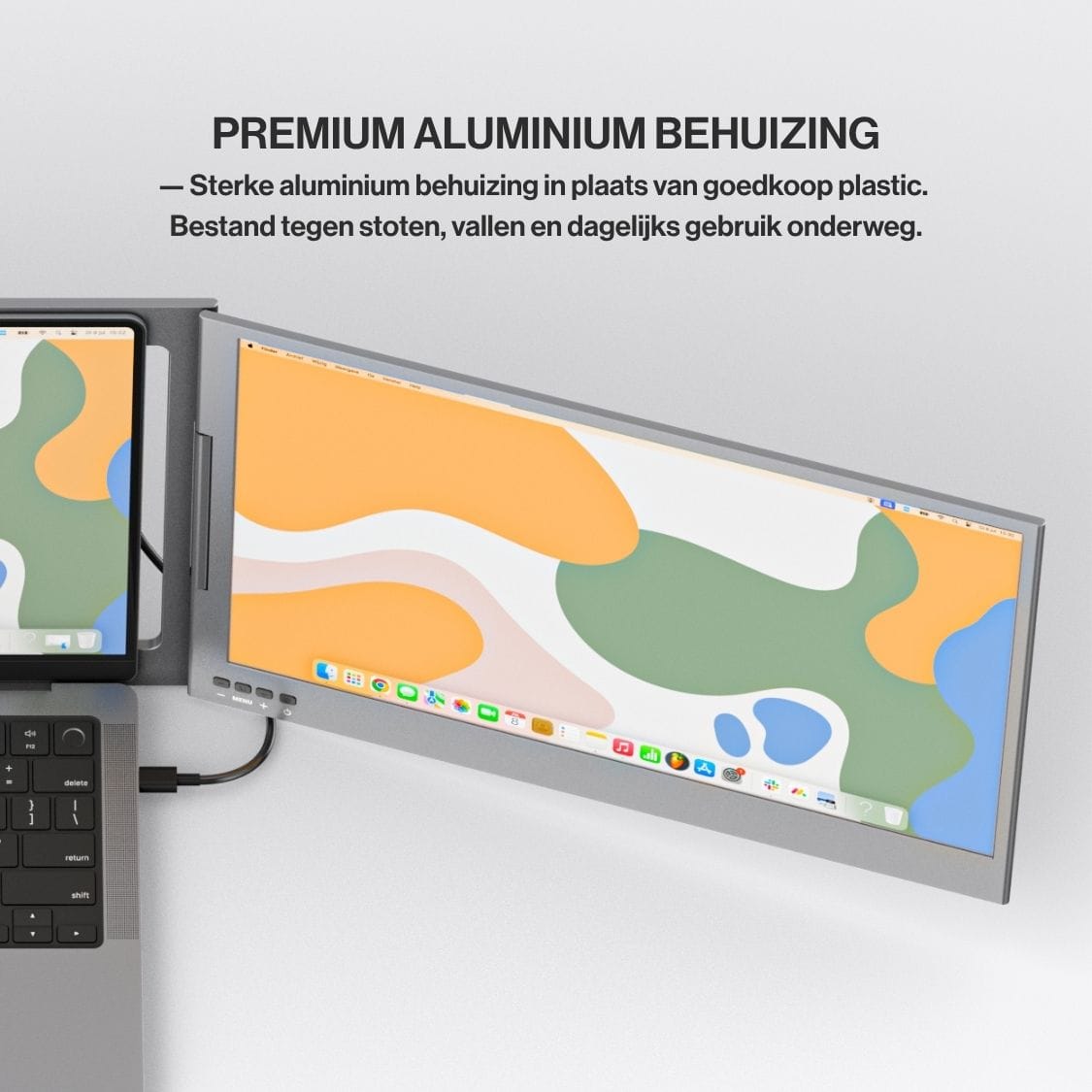 Close-up of a Portable monitor attached beside a laptop, highlighting its slim premium aluminium housing and durable display frame.