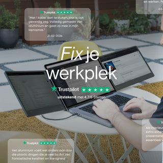 Portable monitor connected to a laptop with two extra displays at an outdoor table, shown with customer review and Trustpilot graphics.