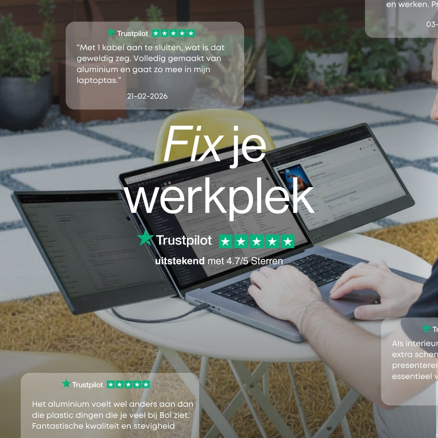 Portable monitor connected to a laptop with two extra displays at an outdoor table, shown with customer review and Trustpilot graphics.