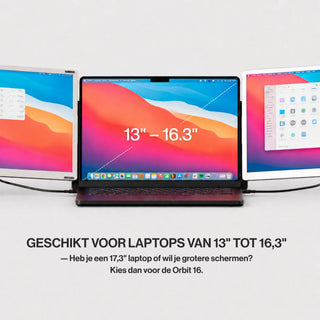 Triple-screen portable monitor attached to a laptop, illustrating compatibility with laptop sizes from 13 to 16.3 inches.