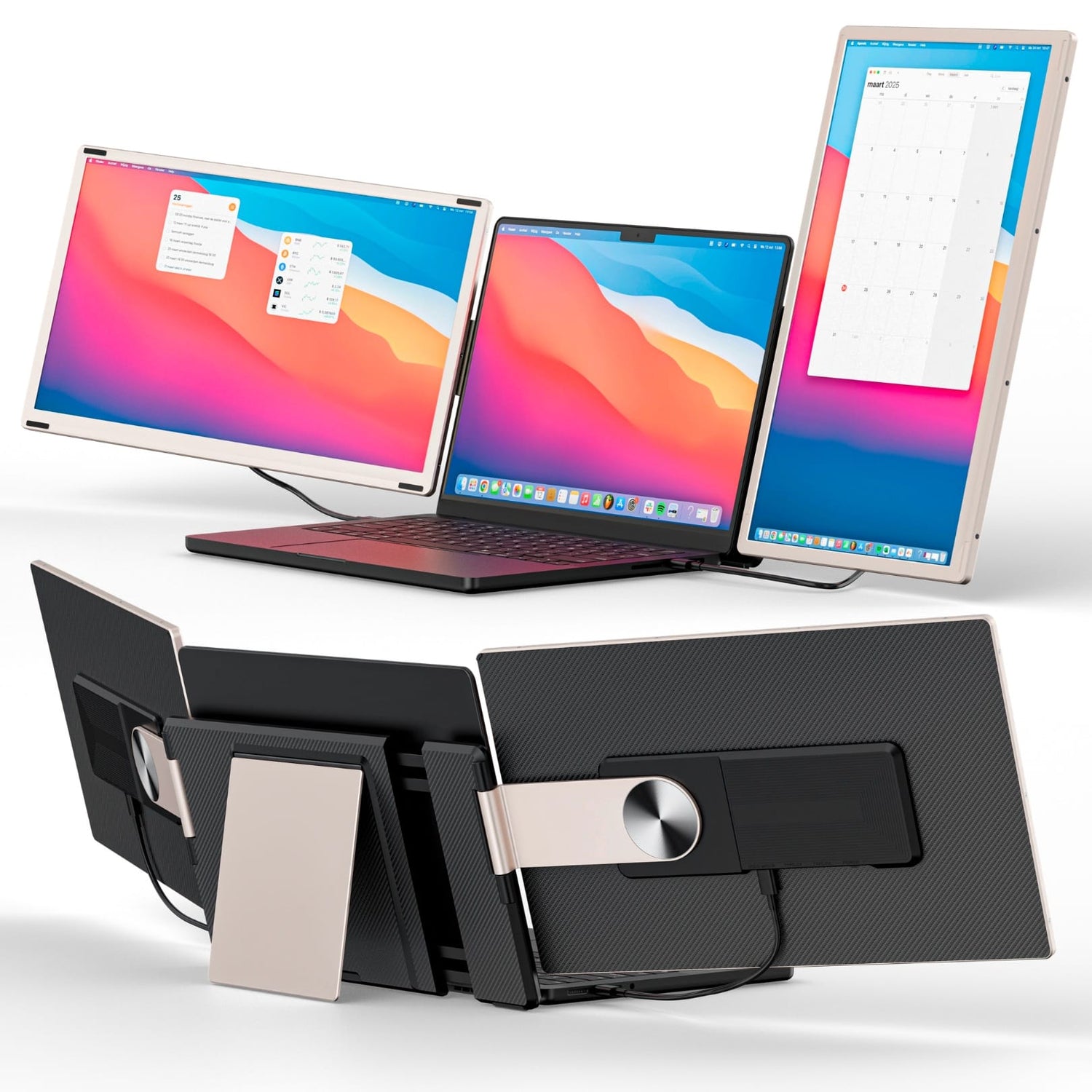 Portable monitor triple-screen laptop extender shown from the front and back, highlighting foldable side screens, rear stands, and cable connections.