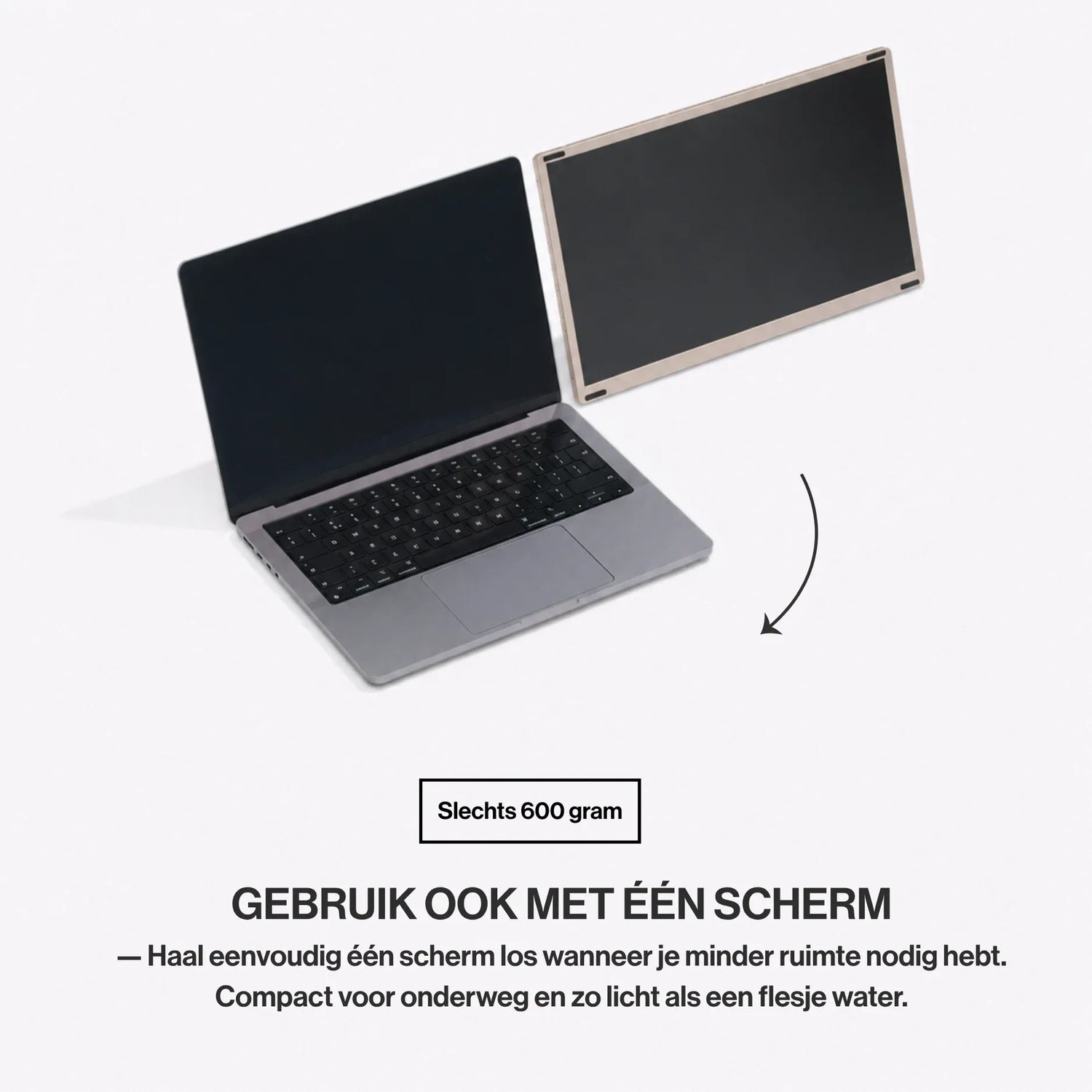 Portable monitor used as a single detachable second screen beside a laptop, highlighting its lightweight 600-gram design for travel.