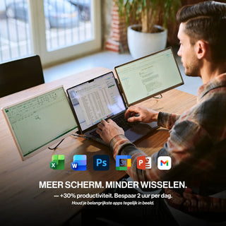Man using a triple-screen portable monitor workspace with Excel, documents, and other productivity apps visible across multiple displays.