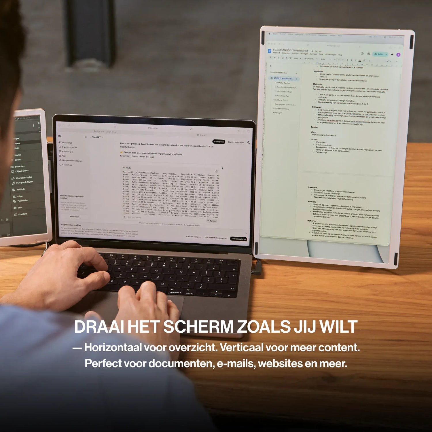 Portable monitor setup with one side screen horizontal and the other vertical, demonstrating flexible screen rotation for spreadsheets and documents.