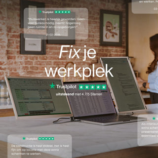Portable monitor setup on a marble counter with Dutch “Fix je werkplek” text, Trustpilot rating, and review overlays about flexible working.