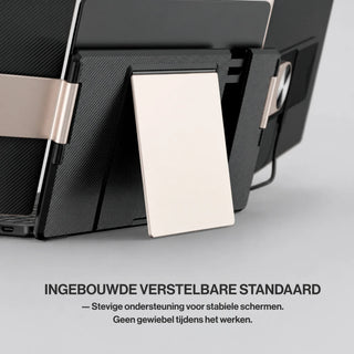 Portable monitor rear stand close-up showing the integrated adjustable support that keeps the triple-screen setup stable while working.