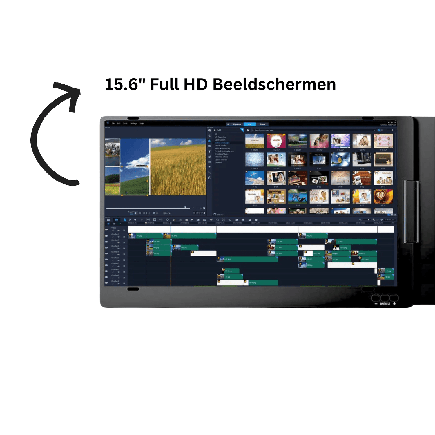 15.6-inch Full HD portable monitor displaying a detailed video editing timeline and media library, highlighting sharp resolution and wide screen clarity