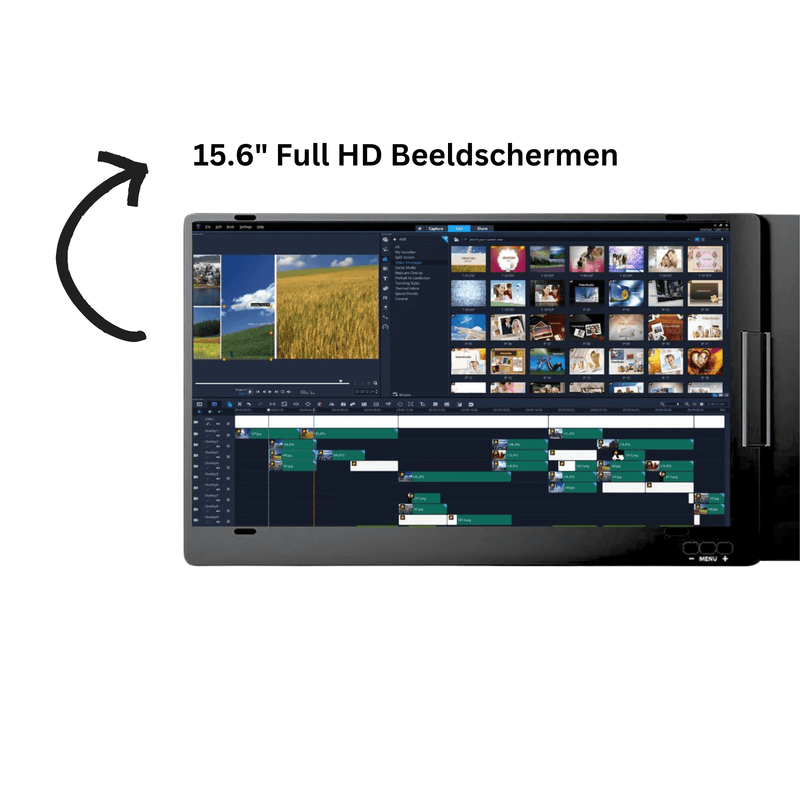 15.6-inch Full HD portable monitor displaying a detailed video editing timeline and media library, highlighting sharp resolution and wide screen clarity