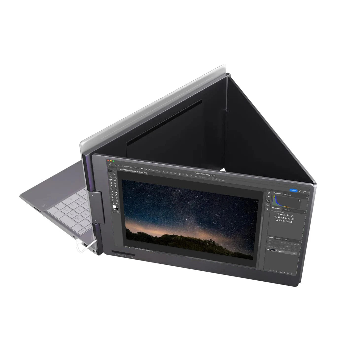 Triple screen portable monitor setup connected to a laptop, showing front workspace and rear adjustable stand for stable desk positioning