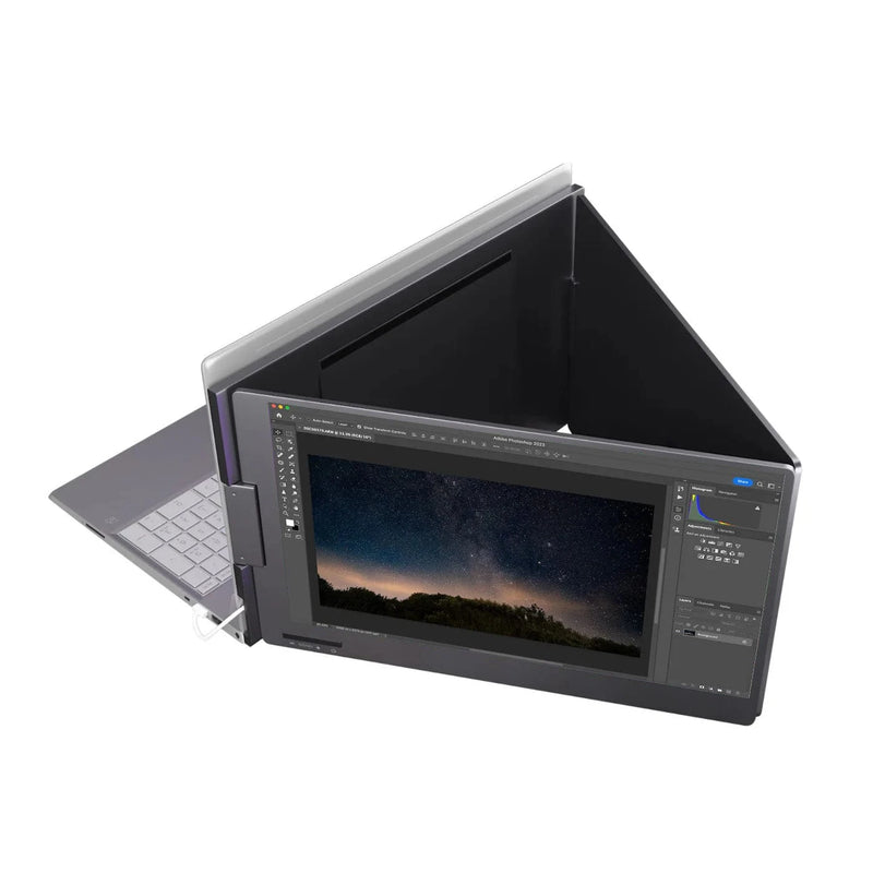 Triple screen portable monitor setup connected to a laptop, showing front workspace and rear adjustable stand for stable desk positioning
