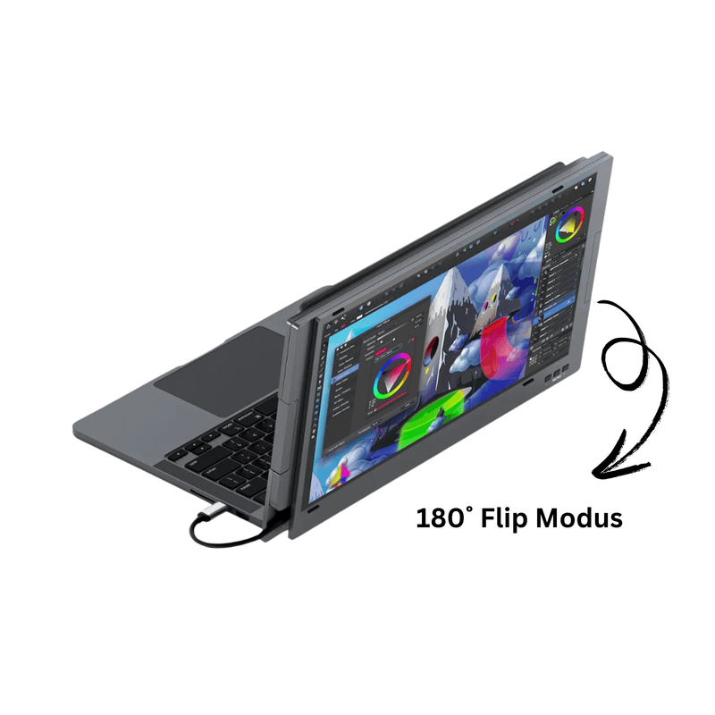Portable monitor attached to a laptop in 180-degree flip mode, showing flexible hinge design for dual viewing and presentation use