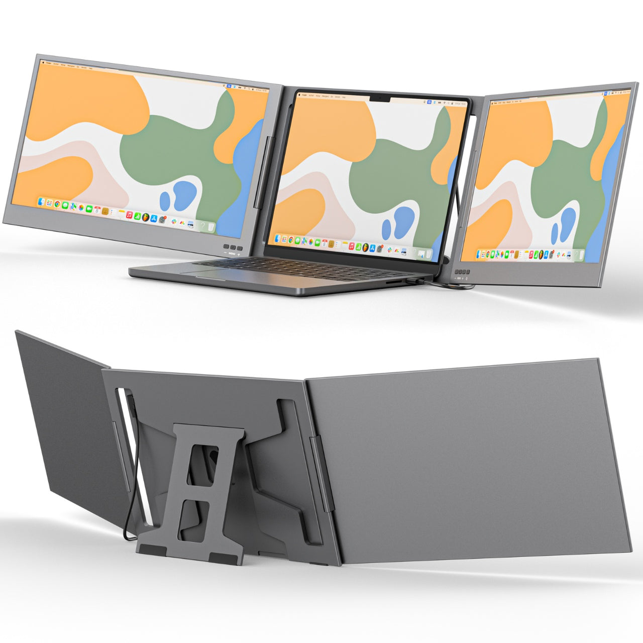 Front and back view of a 15.6-inch triple screen portable monitor system mounted to a laptop, displaying extended screens and rear support bracket