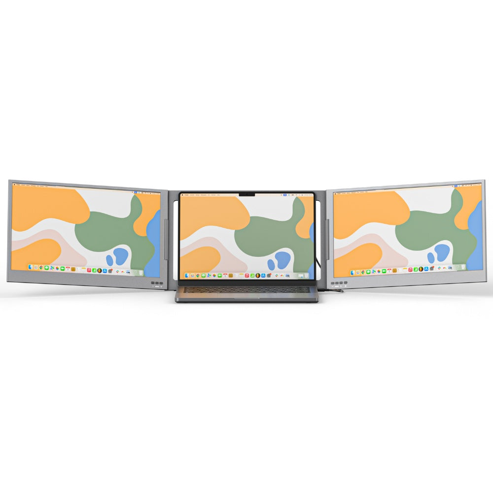 Front view of a triple screen portable monitor connected to a laptop, expanding the display across three Full HD screens for multitasking