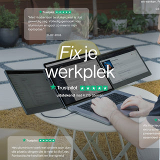 Portable monitor setup with a laptop and dual side screens on an outdoor table, showing a flexible workstation with Trustpilot review overlays.