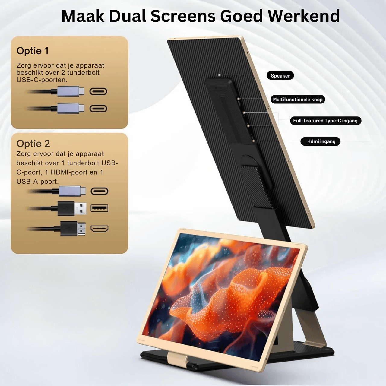 De alpha pro 15.6 inch portable monitor kan worden aangesloten met een usb-c, hdmi en usb kabel