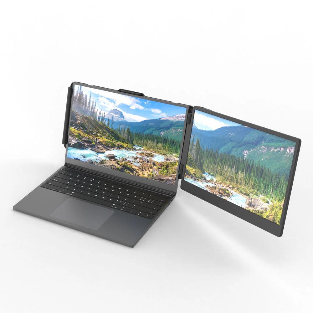 vooraanzicht van de alpha pro 14 inch portable monitor die aan staat met 2 werkende schermen