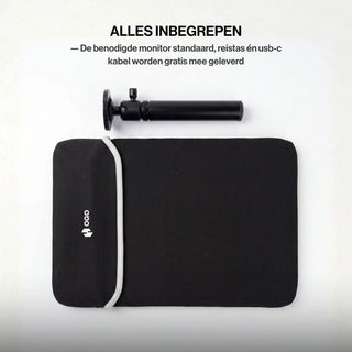 Portable monitor met beschermende OGO-draagtas en verstelbare driepootstandaard, inclusief accessoires voor reizen en mobiel werken.