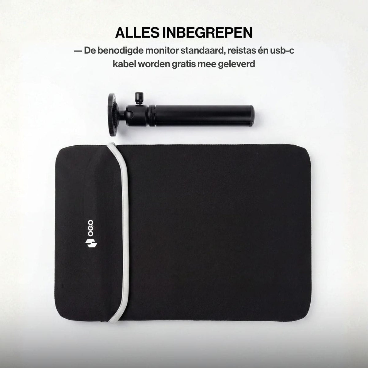 Portable monitor met beschermende OGO-draagtas en verstelbare driepootstandaard, inclusief accessoires voor reizen en mobiel werken.