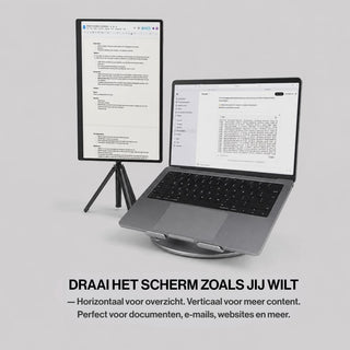 Portable monitor verticaal naast een laptop op een driepootstandaard voor documenten, e-mails en lange content.